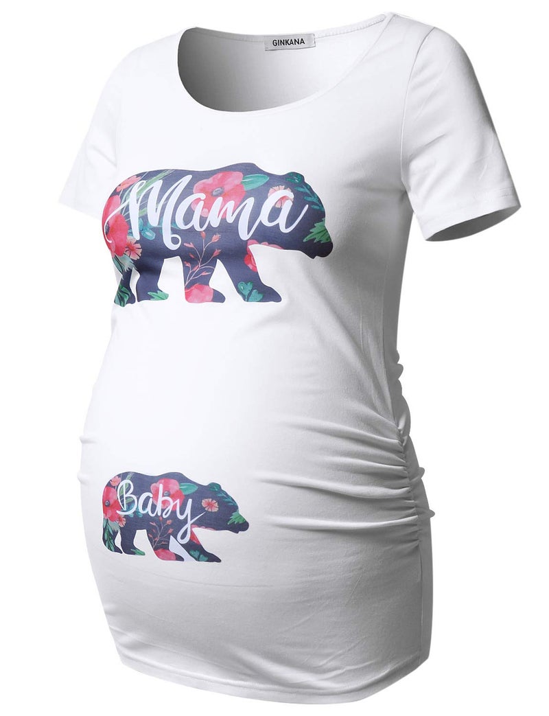 GINKANA Maternity Shirts Mama Bear Funny Pregnancy Tshirt Novelty Gift Wild Animal Family Tee,White with Two Bear,XXL