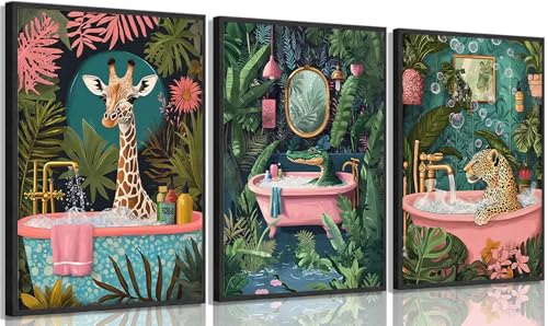 UXOCBTAH 3Pcs Funny Bathroom Animals Wall Art Cheetah Crocodile Giraffe Wall Decor Picture Maximalist Painting Tropical Plants Posters Prints for Living Room Bedroom Toilet Decoration 12x16in Unframed - Image 1