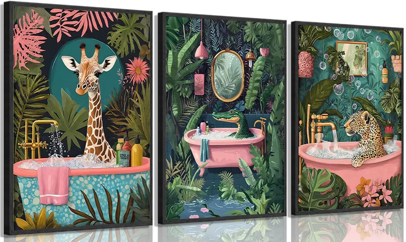 UXOCBTAH 3Pcs Funny Bathroom Animals Wall Art Cheetah Crocodile Giraffe Wall Decor Picture Maximalist Painting Tropical Plants Posters Prints for Living Room Bedroom Toilet Decoration 12x16in Unframed - Image 2