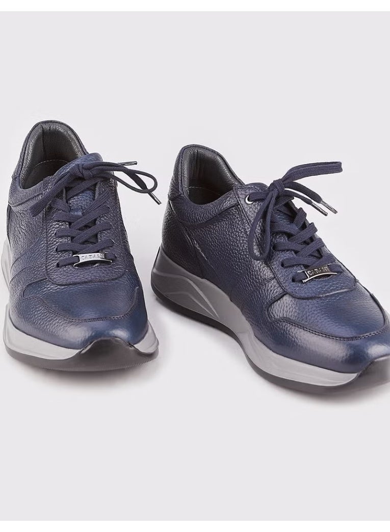 Cabani Men's Real Leather Lace-Up Sneakers - Navy Blue - Image 2