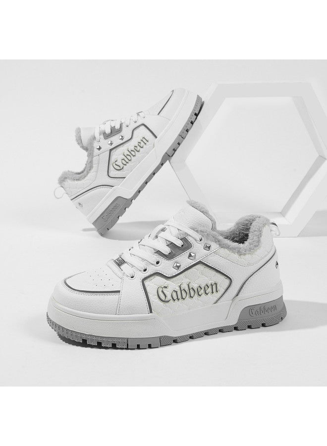 Cabbeen Winter Warm Cotton Shoes 2025 New Style Thick Sole Fleece Casual Men's Shoes Versatile Trendy Skate Shoes White Sneakers Men - Image 2