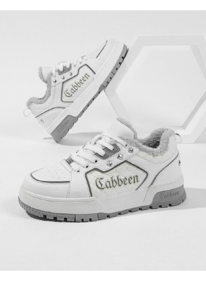 Cabbeen Winter Warm Cotton Shoes 2025 New Style Thick Sole Fleece Casual Men's Shoes Versatile Trendy Skate Shoes White Sneakers Men - Image 1