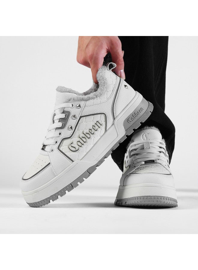 Cabbeen Winter Warm Cotton Shoes 2025 New Style Thick Sole Fleece Casual Men's Shoes Versatile Trendy Skate Shoes White Sneakers Men - Image 5