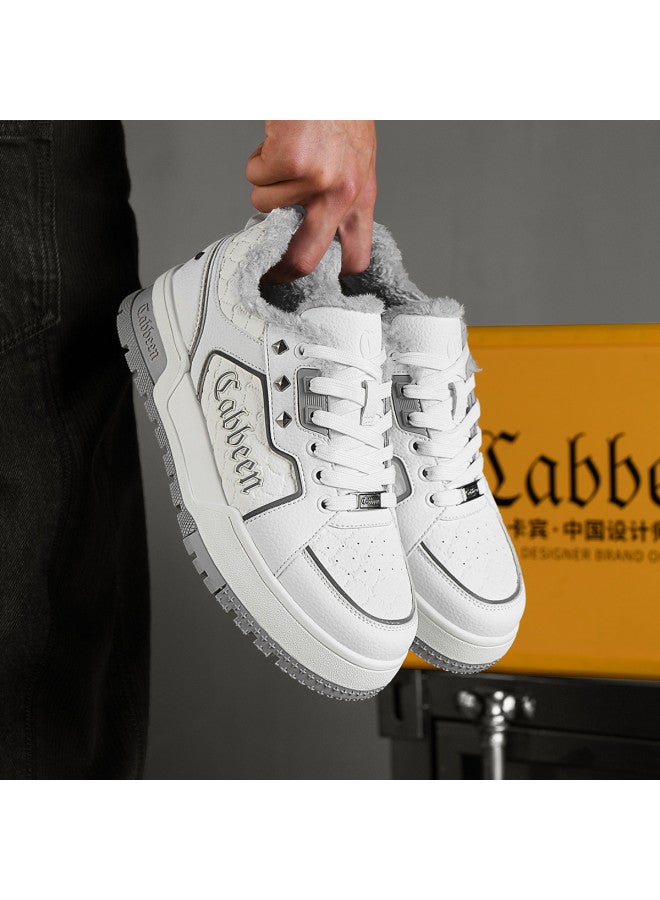 Cabbeen Winter Warm Cotton Shoes 2025 New Style Thick Sole Fleece Casual Men's Shoes Versatile Trendy Skate Shoes White Sneakers Men - Image 4