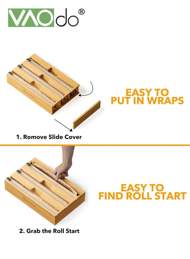 VAOdo 3 in 1 Wrap Organizer with Cutter, Plastic Wrap, Aluminum Foil and Wax Bamboo Dispenser for Kitchen Storage Organization Holder - Image 2