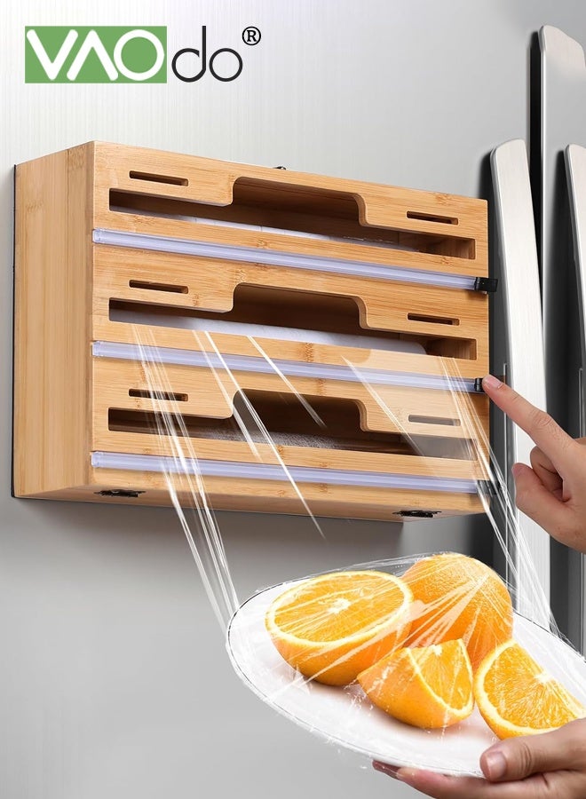 VAOdo 3 in 1 Wrap Organizer with Cutter, Plastic Wrap, Aluminum Foil and Wax Bamboo Dispenser for Kitchen Storage Organization Holder - Image 1