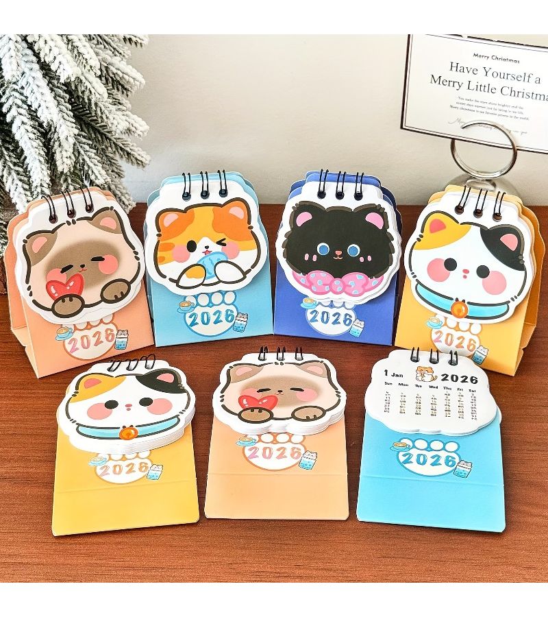 2026 Mini Cat Calendar 2pcs Adorable Floral Monthly Weekly Planner Home Office Organizer Sturdy Paper - Image 1