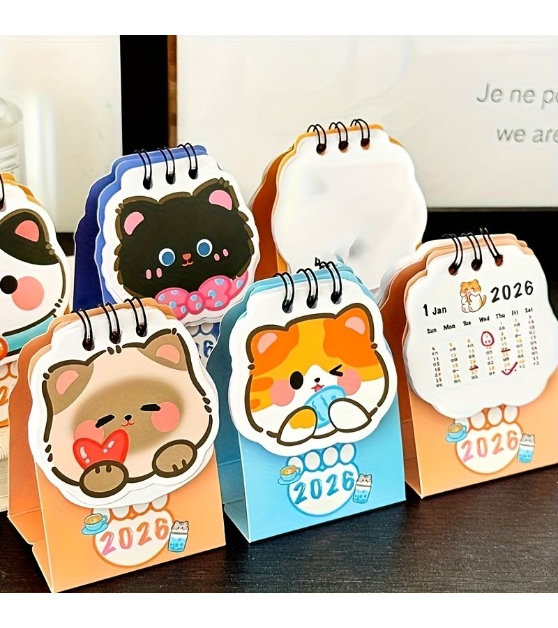 2026 Mini Cat Calendar 2pcs Adorable Floral Monthly Weekly Planner Home Office Organizer Sturdy Paper - Image 2