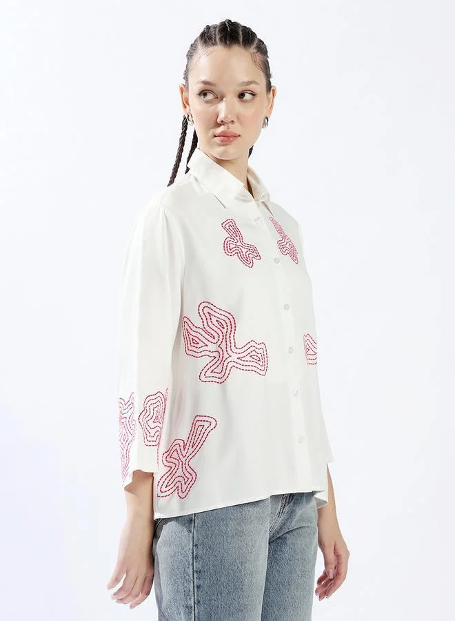 HIGH STAR Multicolor Women's Multicolour 100% Cotton Embroidered Button Down Oversized Shirt for Women | Best Price UAE