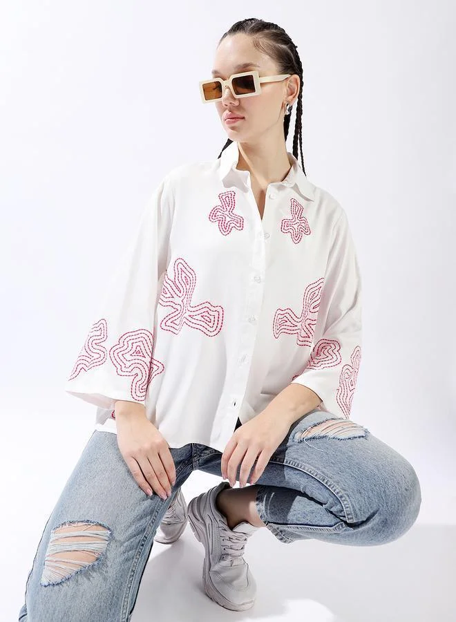 HIGH STAR Multicolor Women's Multicolour 100% Cotton Embroidered Button Down Oversized Shirt for Women | Best Price UAE