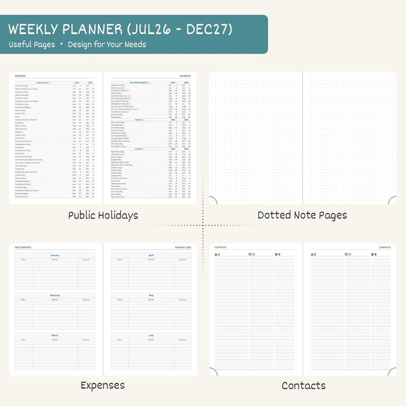 BEZEND A4 Academic Diary 2026-2027 Week to View, 18-Month Weekly Planner Runs Mid Year Jul'26 - Dec'27. Vertical Layout with Time Slots & Monthly Tabs, PU Leather Hardback, 28.5 x 22 cm, Lavender - Image 4