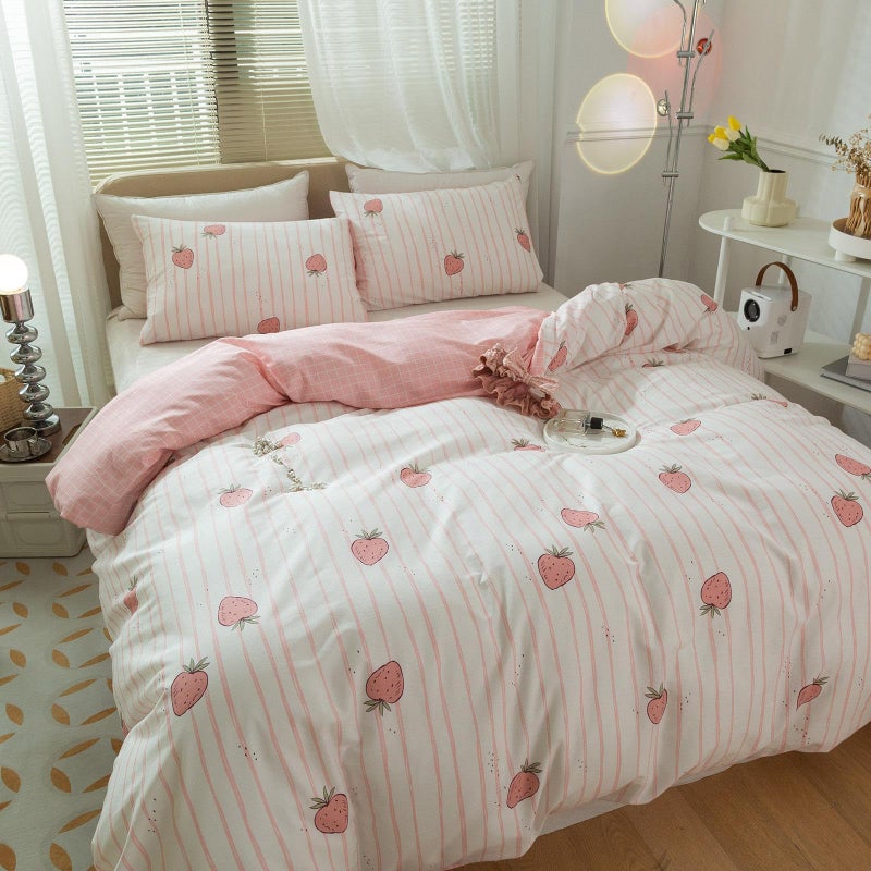 LifeTB Pink Strawberry Duvet Cover Kids Girl Kawaii Print Bedding Set Queen 1 Duvet Cover with 2 Pillowcases Cotton Strawberry Comforter Cover Lovely Soft Full Bedding Set with Zipper and Corner Ties - Image 5