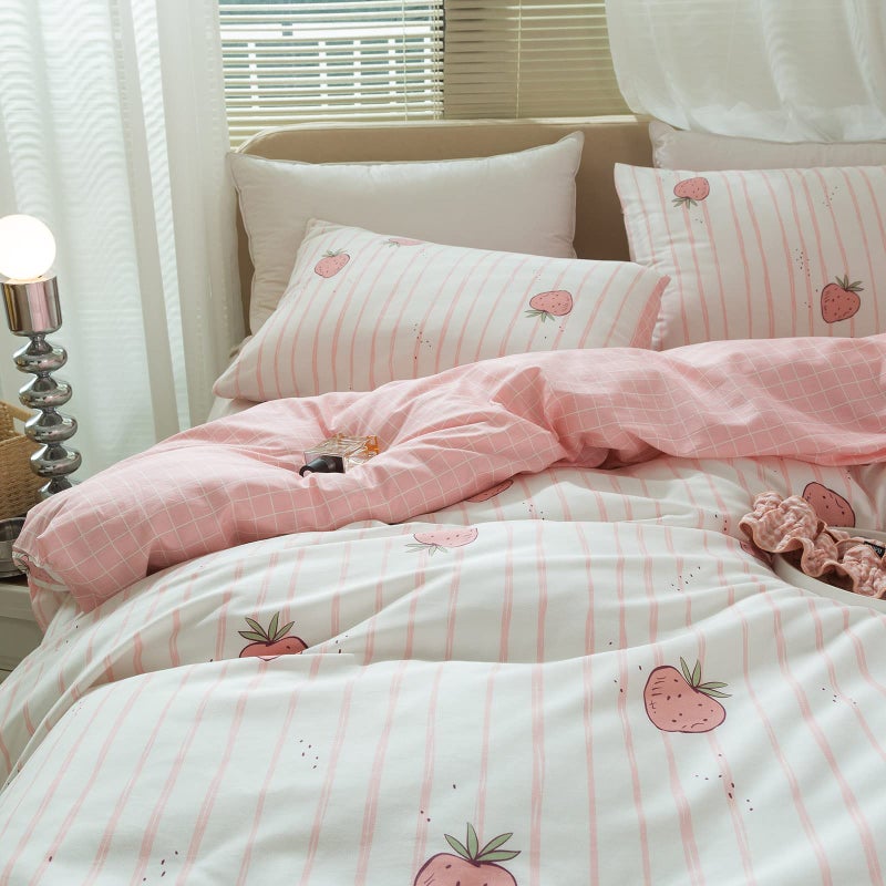 LifeTB Pink Strawberry Duvet Cover Kids Girl Kawaii Print Bedding Set Queen 1 Duvet Cover with 2 Pillowcases Cotton Strawberry Comforter Cover Lovely Soft Full Bedding Set with Zipper and Corner Ties - Image 1