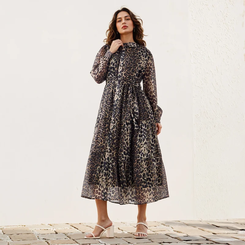 تواكستريمز Animal Print Midi Shirt Dress