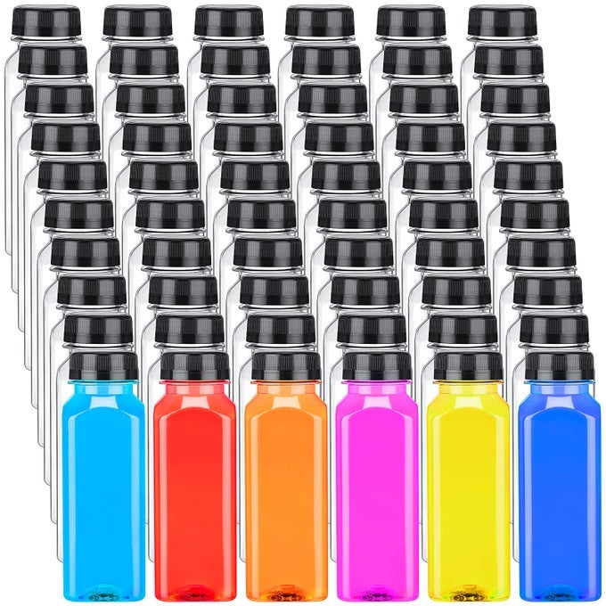 200 PCS PLASTIC JUICE BOTTLES WITH CAPS SQUARE EMPTY CLEAR WATER BOTTLES BULK DRINKING BEVERAGE CONTAINERS REUSABLE EMPTY JUICING REFILLABLE PET FLASKS WITH LIDS FOR DRINKS SMOOTHIE16OZBLACK