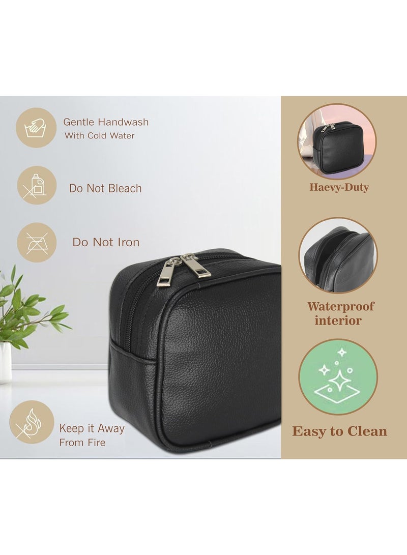 atorakushon PU Leather Small Toiletry Bag for Travelling Shaving Kit Makeup Cosmetic Jewellery Organizer Pouch for Girls, Women (Black) - Image 4