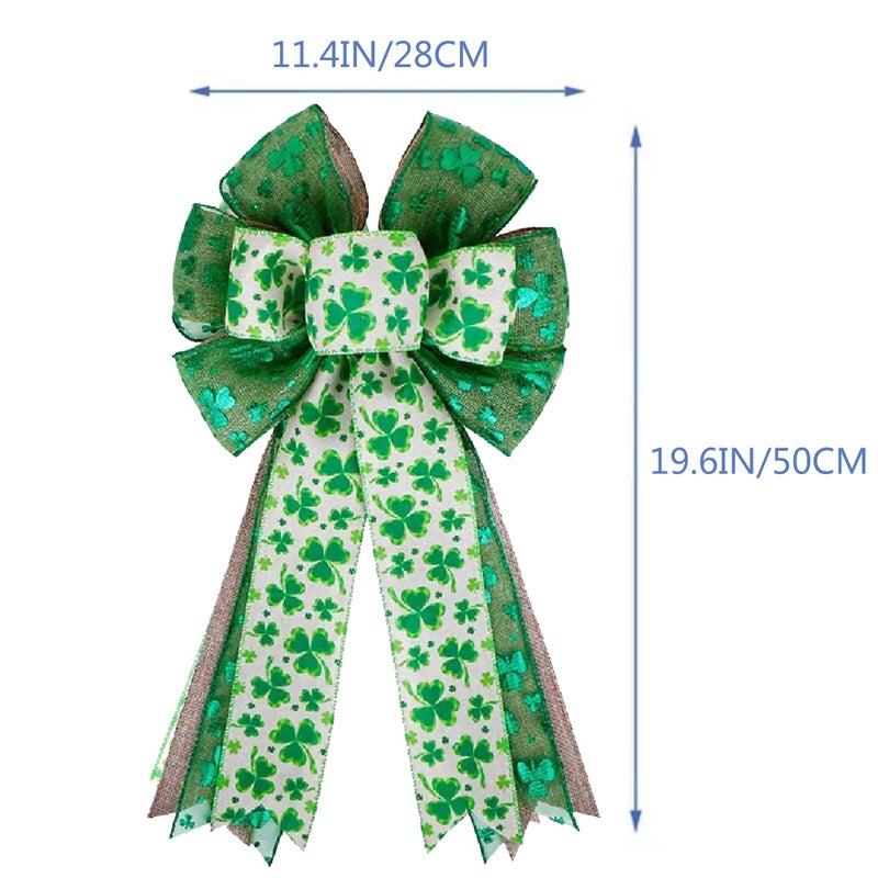 Hongsome St Patricks Day Bow For Wreath Decorations St Patricks Day Tree Topper Bows Large Burlap White Green Glitter Shamrock Bowknot Irish Holiday Crafts Bows For Front Door Outdoor Outside - Image 2