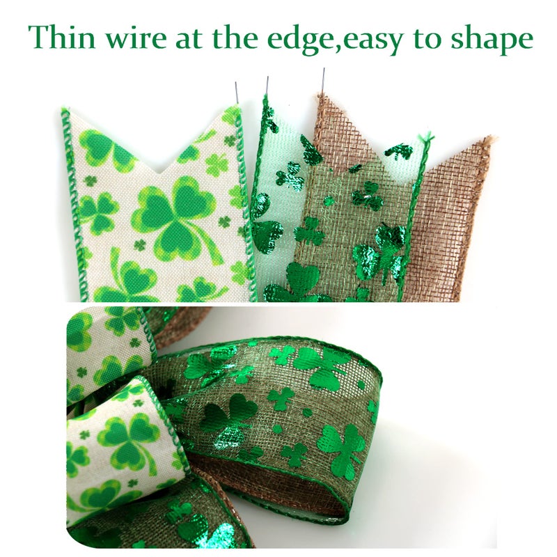 Hongsome St Patricks Day Bow For Wreath Decorations St Patricks Day Tree Topper Bows Large Burlap White Green Glitter Shamrock Bowknot Irish Holiday Crafts Bows For Front Door Outdoor Outside - Image 3