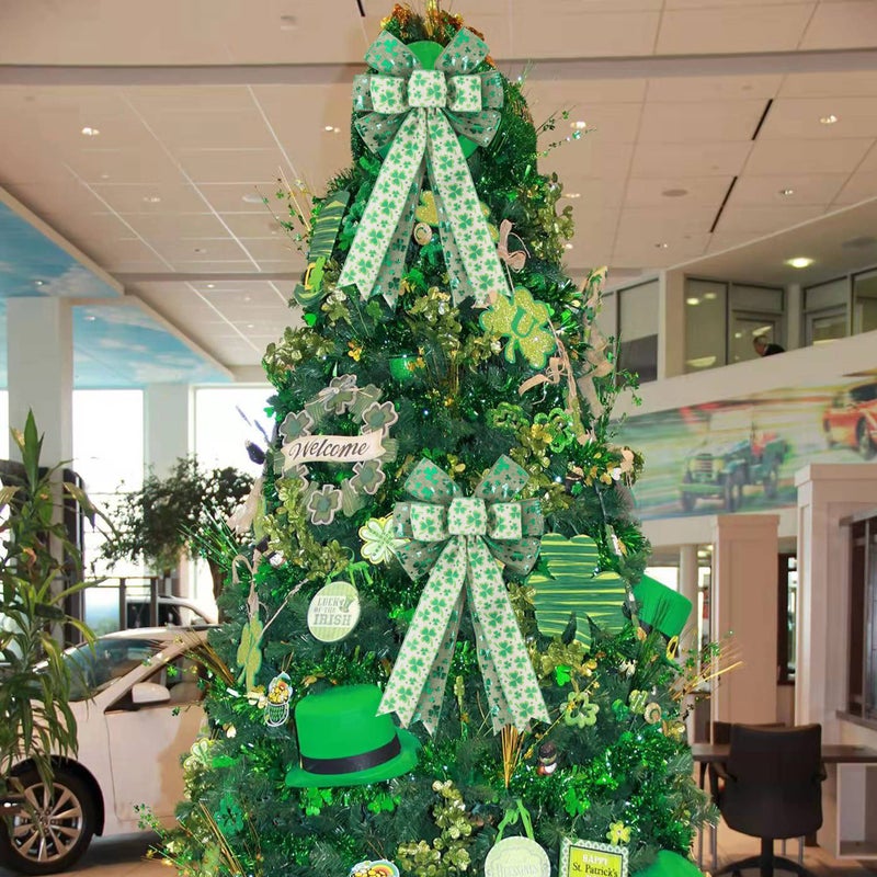 Hongsome St Patricks Day Bow For Wreath Decorations St Patricks Day Tree Topper Bows Large Burlap White Green Glitter Shamrock Bowknot Irish Holiday Crafts Bows For Front Door Outdoor Outside - Image 5