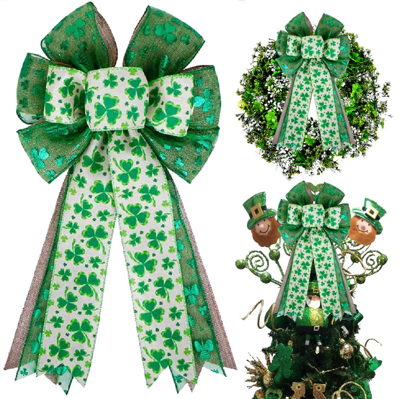 Hongsome St Patricks Day Bow For Wreath Decorations St Patricks Day Tree Topper Bows Large Burlap White Green Glitter Shamrock Bowknot Irish Holiday Crafts Bows For Front Door Outdoor Outside - Image 1