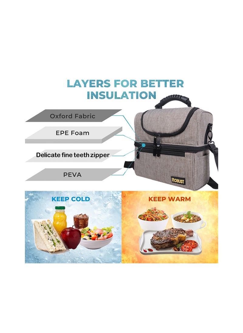 ROBUST Robust Leakproof Lunch Bag With Shoulder Strap Anti-Fungal Insulated Material Lunch Box Bag For Men & Women Double-Deck Large Cooler Bag For Office School Travel Beach Picnic Adult-Grey  - Image 2