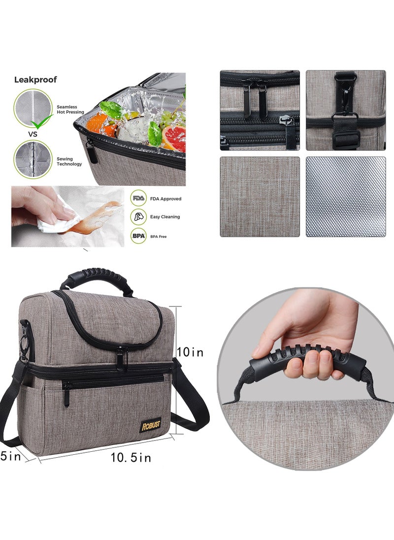 ROBUST Robust Leakproof Lunch Bag With Shoulder Strap Anti-Fungal Insulated Material Lunch Box Bag For Men & Women Double-Deck Large Cooler Bag For Office School Travel Beach Picnic Adult-Grey  - Image 4