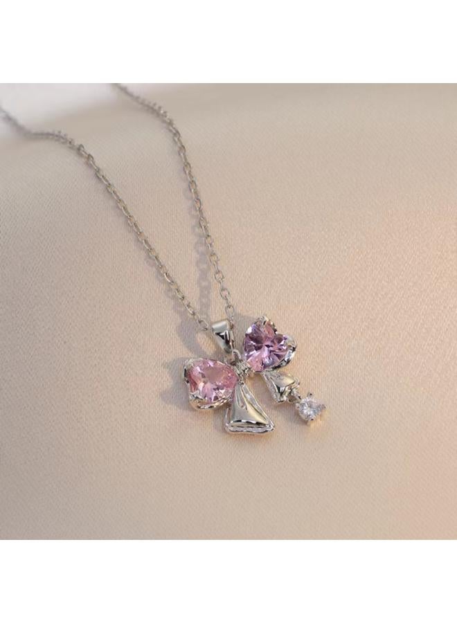 Women's Korean Style Butterfly Full Diamond Pink Zircon Niche Design Simple Necklace Bow Titanium Steel Necklace 