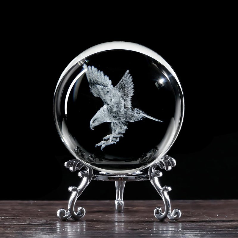 QIANCHANG 3D Engraved Eagle Crystal Ball with Stand Laser Etched Glass Eagle Figurine Carving Crystal Sphere Paperweight(2.4 in) - Image 4