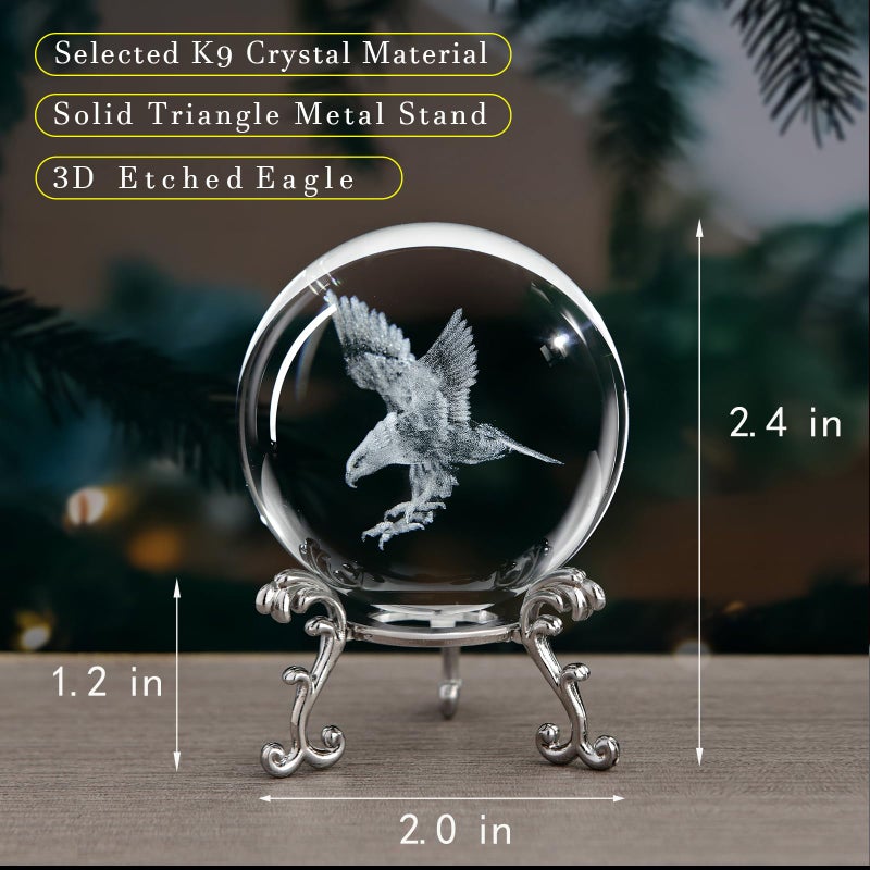 QIANCHANG 3D Engraved Eagle Crystal Ball with Stand Laser Etched Glass Eagle Figurine Carving Crystal Sphere Paperweight(2.4 in) - Image 2
