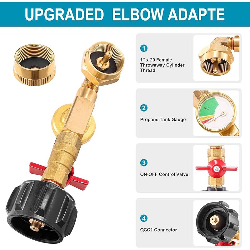 Catilon QCC1 Propane Refill Elbow Adapter with Propane Tank Gauge, 90 Degrees Propane Refill Adapter with ON-Off Control Valve, for Camping Grill 1LB Bottle Tank 20-40LBS Cylinder - Image 2