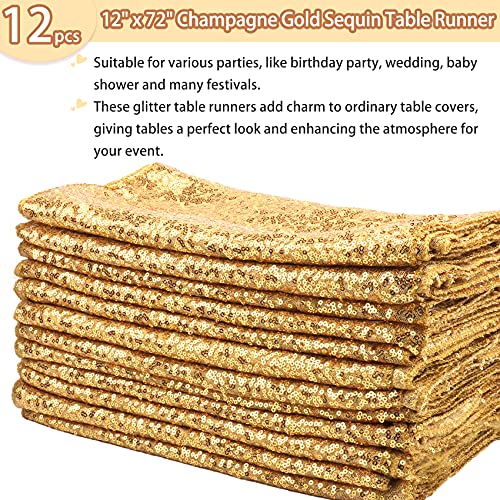 Fivenl 12 Packs 12 X 72 Inch Sequin Table Runner Glitter Dining Table Runner for Birthday Wedding Engagement Bridal Baby Shower Bachelorette Holiday Celebration Party Supplies Decorations (Champagne Gold) - Image 2