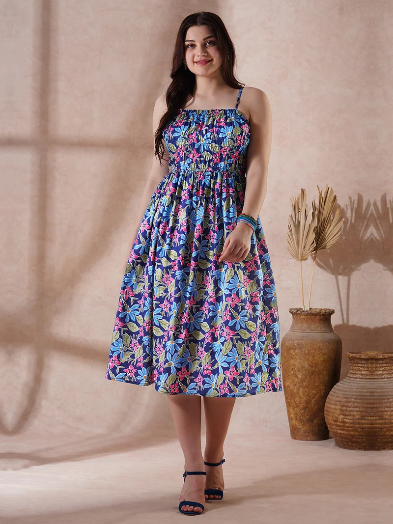 جلو باص Globus Women Navy Blue Floral Print Square Neck Strappy Shoulder Gathered Fit & Flare Midi Fusion Dress