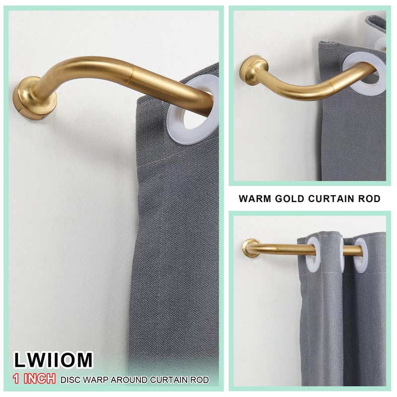 Lwiiom Warm Gold Curtain Rod for Windows 28 to 56 Inch, Internal Splicing 1 Inch Diameter Disc, Adjustable Room Darkening Curtain Rod with Aluminum Finials and Brackets, Wrap Around Design - Image 2