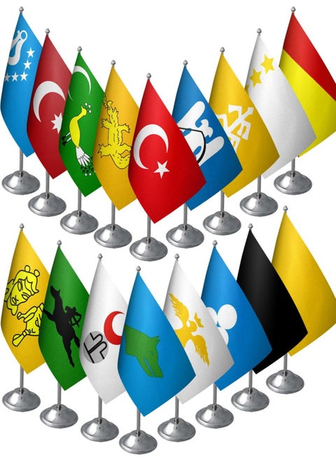 Saturn Set of 17 Old Turkish States Table Flags - 17 Chrome Poles + 17 Flags