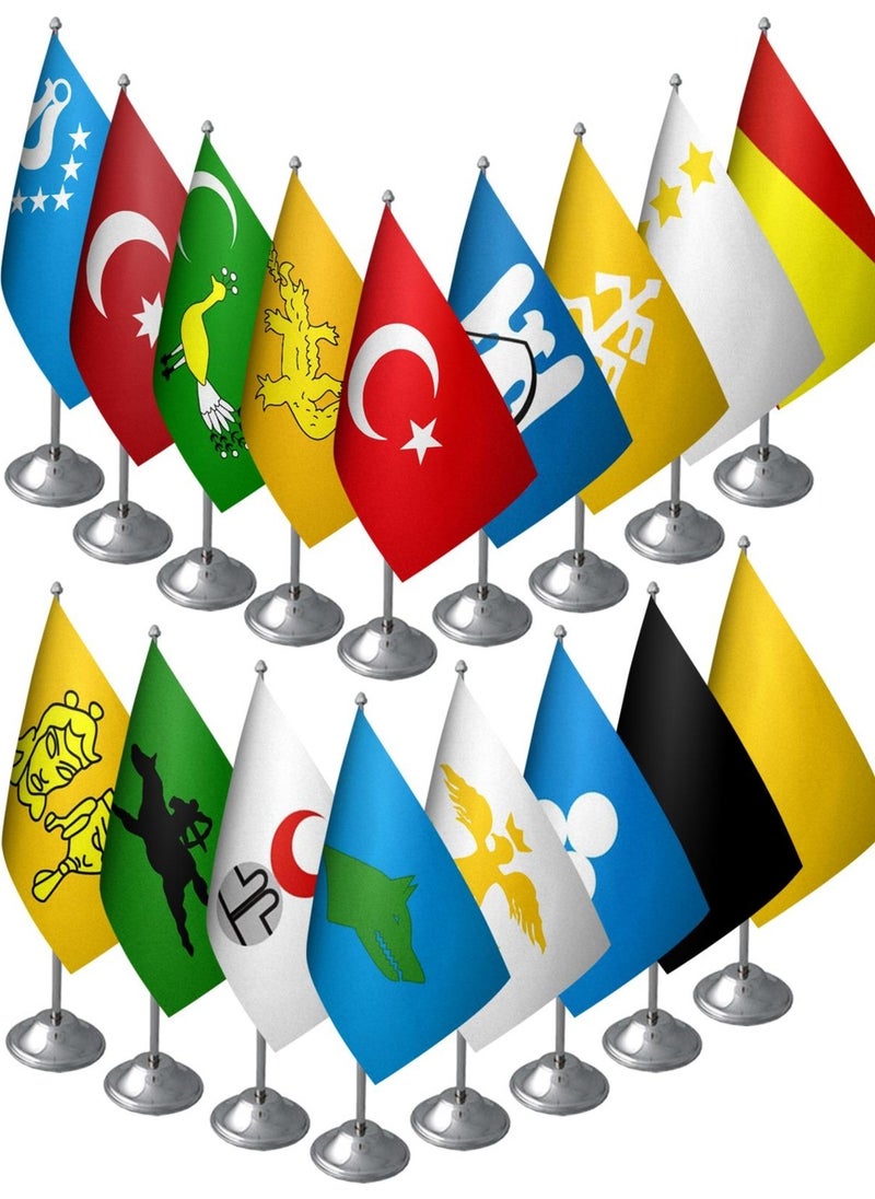 Satürn - Saturn Set of 17 Old Turkish States Table Flags - 17 Chrome Poles + 17 Flags - Image 1