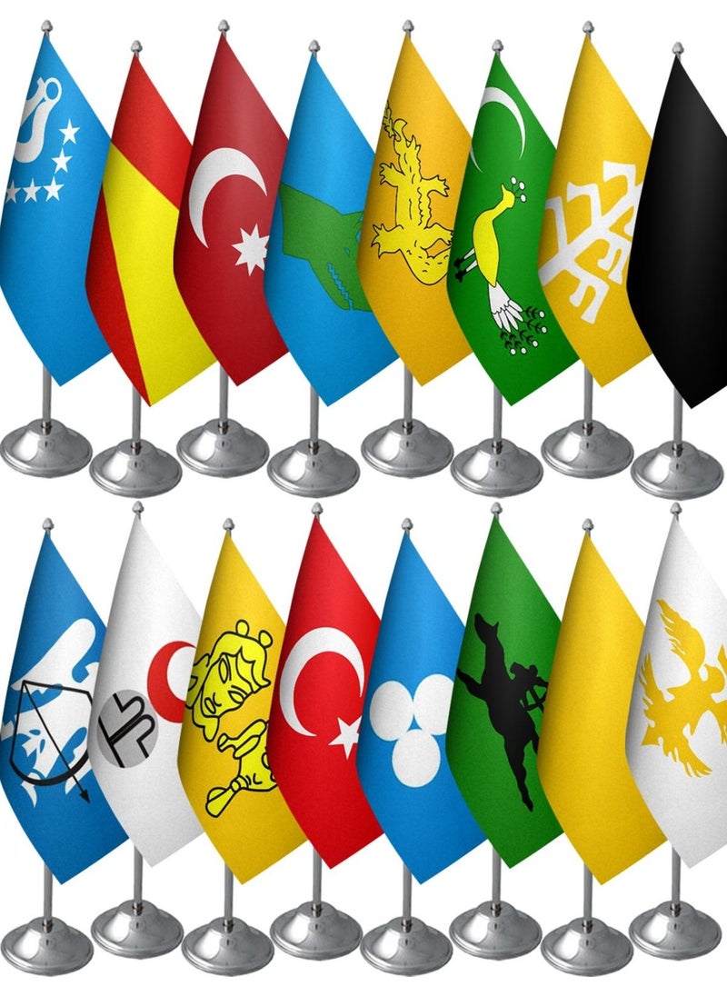 Satürn - Saturn Set of 17 Old Turkish States Table Flags - 17 Chrome Poles + 17 Flags - Image 1