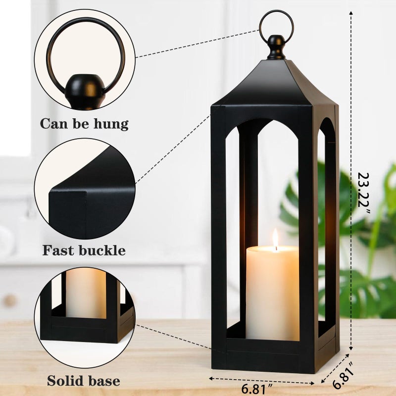 SUJUN Modern Farmhouse Lantern Decor, Black Metal Decorative Hanging Candle Lanterns Ideal for Home Decor, Parties & Events, 21.2" High (No Glass Panel) - Image 2
