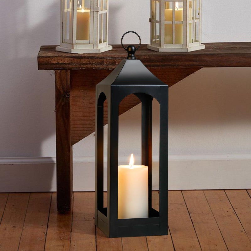 SUJUN Modern Farmhouse Lantern Decor, Black Metal Decorative Hanging Candle Lanterns Ideal for Home Decor, Parties & Events, 21.2" High (No Glass Panel) - Image 5