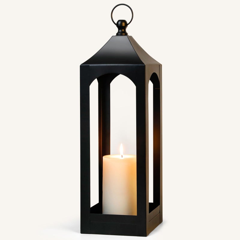 SUJUN Modern Farmhouse Lantern Decor, Black Metal Decorative Hanging Candle Lanterns Ideal for Home Decor, Parties & Events, 21.2" High (No Glass Panel) - Image 3