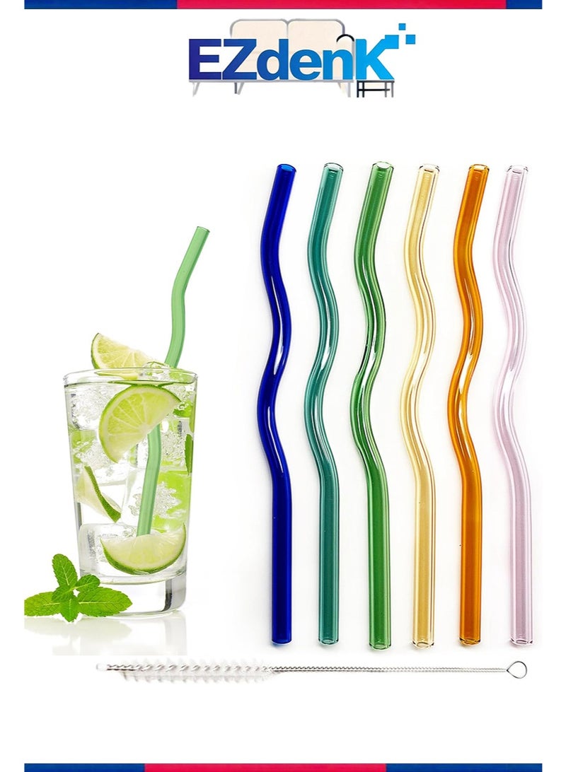 إزدنك 6 قطع من مصاصات الزجاج المتموجة الملونة، 7.87 بوصة × 8 مم، مصاصات زجاجية لطيفة قابلة لإعادة الاستخدام، مصنوعة من مادة البورسليكات العالية، تأتي مع فرشاة تنظيف واحدة، مناسبة للمشروبات الساخنة والباردة والقهوة المثلجة والحليب والشاي - Image 1