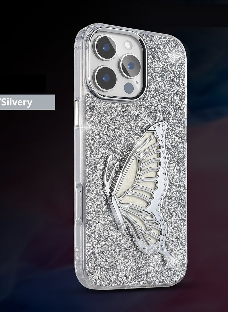 IP15 PRO SHINING BUTTERFLY CASE WITH STAND For   IPHONE 15 PRO (Design- 141) [Silver Color]