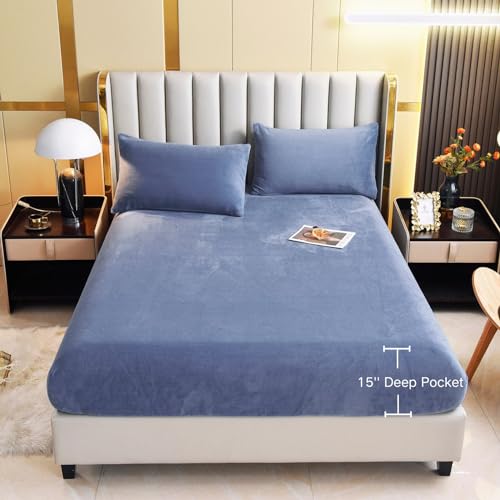 LweiPsqLin Velvet Fitted Sheet Queen Size,Fleece Plush Bed Sheet Mattress Protector Cover with 15'' Deep Pocket Warm Fuzzy Bottom Sheet (Not Include Pillowcases),Blue - Image 2