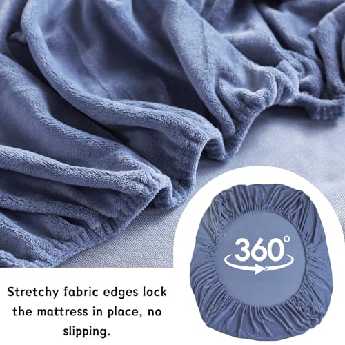 LweiPsqLin Velvet Fitted Sheet Queen Size,Fleece Plush Bed Sheet Mattress Protector Cover with 15'' Deep Pocket Warm Fuzzy Bottom Sheet (Not Include Pillowcases),Blue - Image 4