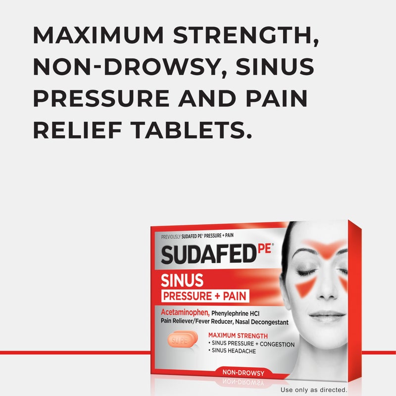 Sudafed أقراص سودافيد بي لتخفيف ضغط الجيوب الأنفية + الألم، أقصى قوة، غير مسبب للنعاس، أسيتامينوفين، مسكن للألم، خافض للحرارة، فينيل إفرين HCl، مزيل احتقان، تخفيف احتقان الجيوب الأنفية؛ 24 حبة؛ عبوة من 1 - Image 2