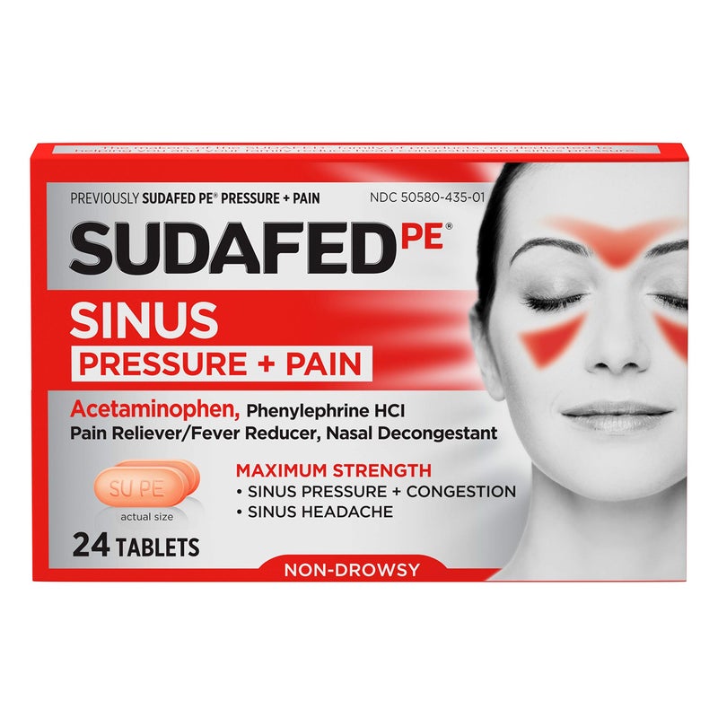 Sudafed أقراص سودافيد بي لتخفيف ضغط الجيوب الأنفية + الألم، أقصى قوة، غير مسبب للنعاس، أسيتامينوفين، مسكن للألم، خافض للحرارة، فينيل إفرين HCl، مزيل احتقان، تخفيف احتقان الجيوب الأنفية؛ 24 حبة؛ عبوة من 1 - Image 1