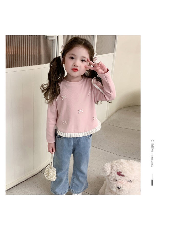 Girls' Bowknot T-shirt Spring And Autumn  New Stylish Children's Long-sleeve Base Shirt Fashionable Korean Style Versatile Top