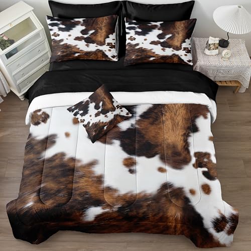 Bedbay Cow Print Comforter Set King Size Animal Skin Bedding 8 Pcs King Bed in a Bag Western Cowhide Rustic Bedding Brown Milk Cow Print Bed Set for All Seasons(Brown,King) - Image 1
