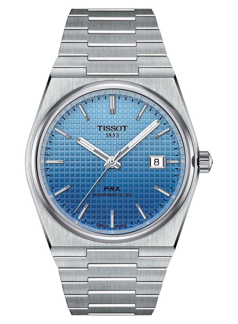 TISSOT ساعة PRX للرجال سويسرية الصنع بآلية باورماتيك بقرص فضي من الفولاذ المقاوم للصدأ بلون أزرق جليدي-كاميليون 40 مم T137.407.11.351.01 - Image 1
