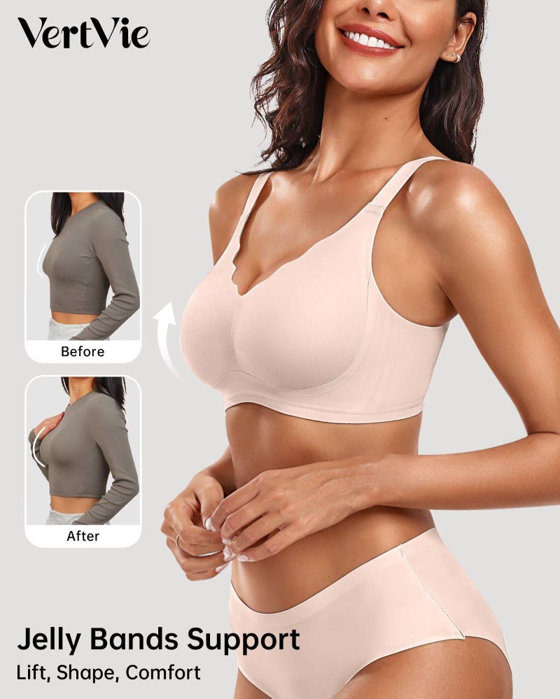 Vertvie Womens Seamless Bras No Underwire Supportive Wireless Push Up Full Coverage Bralette Comfort Scalloped T-Shirt Bra(Skin,Large) - Image 2
