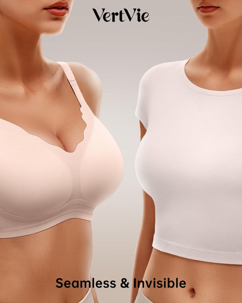 Vertvie Womens Seamless Bras No Underwire Supportive Wireless Push Up Full Coverage Bralette Comfort Scalloped T-Shirt Bra(Skin,Large) - Image 4